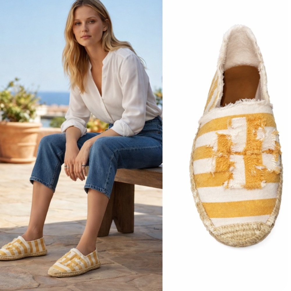 Tory Burch Double T Jacquard Espadrille Yellow and White Flats